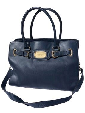 Michael Kors Navy Leather Satchel with Gold Hardware